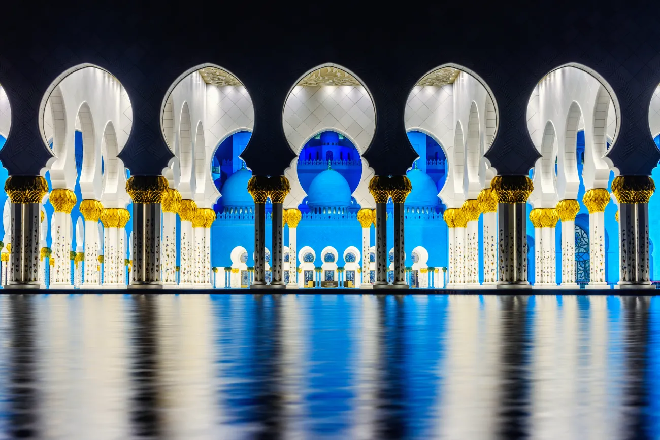 Reflections in the water outside Sheikh Zayed Grand Mosque in Abu Dhabi