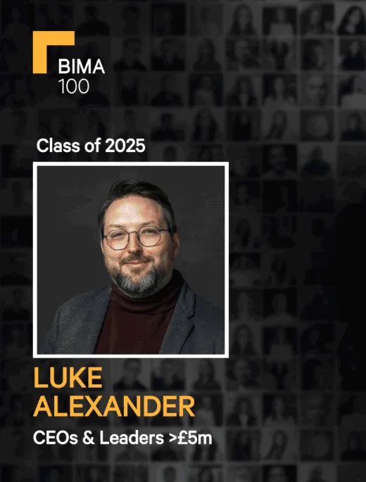 Social media graphic with a picture of Luke Alexander and the text BIMA 100 class of 2025 CEOs & leaders > £5m