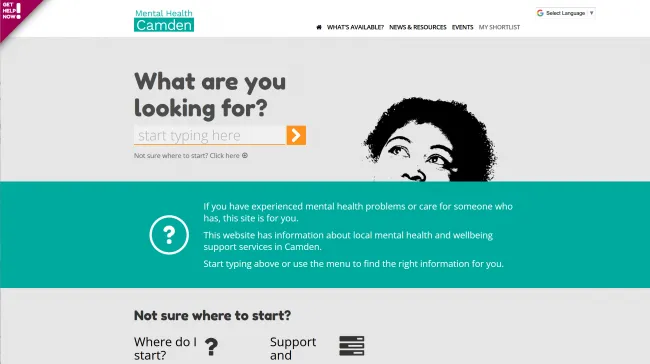 Screenshot fo the Camden Mental Health website